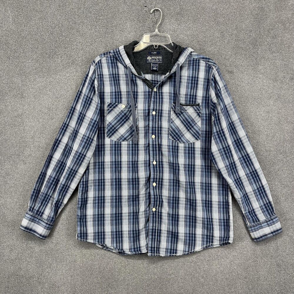 American Rag Cie Shirt Mens Extra Large Blue Plaid Hooded Button Down Cotton